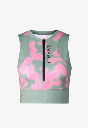 Ærmeløs crop top med grøn- og pink camouflage mønster, sort lynlås foran og "FIRE + ICE" tekst på højre side af lynlåsen.