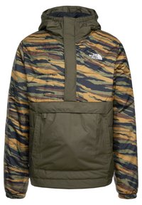Veste à capuche pour homme avec imprimé camouflage sur la partie supérieure, section inférieure unie olive, poche kangourou à l'avant, poignets élastiques et logo The North Face.