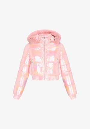 Oříznutá péřová bunda z lesklého růžového materiálu s kapucí lemovanou umělým kožíškem. Má boční kapsy na zip a elastické manžety. Celá bunda má reflexní texturu.