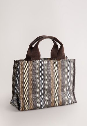 Textured tote bag with brown fabric handles, featuring stripes in brown, blue, and beige, with a geometric pattern. Compact and structured design.