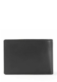 Cartera de piel negra con una textura suave, forma rectangular y bordes cosidos de manera ordenada. Presenta un diseño minimalista, sin herrajes o acentos visibles.