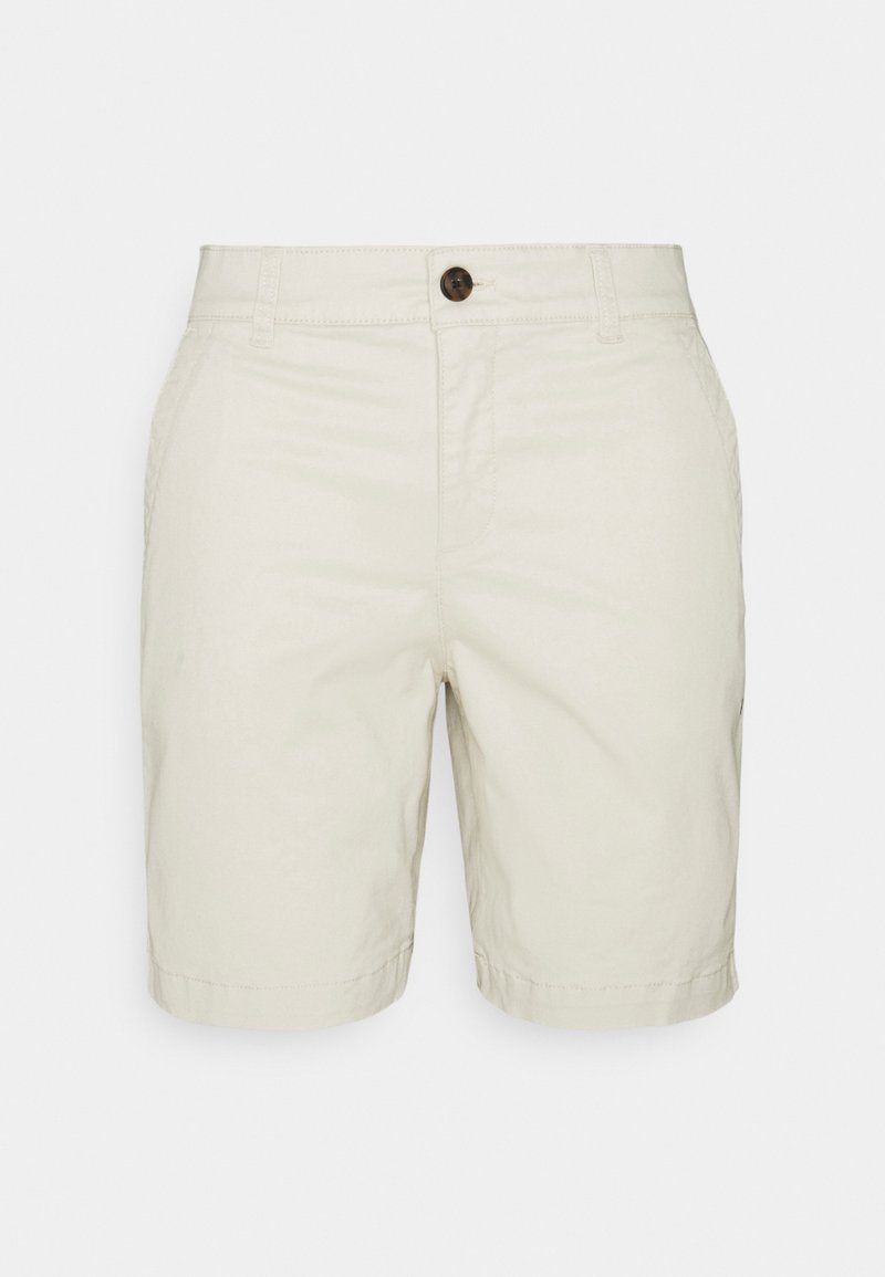 Shorts beige décontractés mi-genoux avec passants de ceinture, bouton à l'avant et fermeture éclair, présentés de face sur un fond uni.