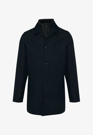 Marineblauwe jas met knopen aan de voorkant, met een notch-kragen en lange mouwen. Heeft een gestructureerde binnenvoering voor isolatie. Glad stoffen afwerking.