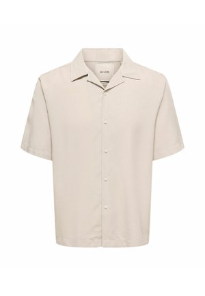 Chemise beige à manches courtes avec boutons, col camp, étiquette de marque à l'intérieur du col et coupe décontractée.