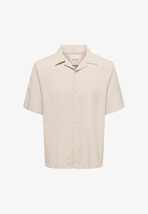 Camicia beige a maniche corte con bottoni, colletto camp, etichetta marchiata all'interno del collo e vestibilità rilassata.