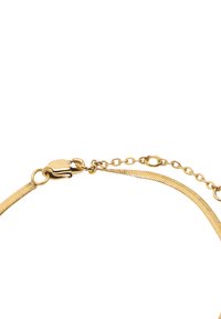 Złoty łańcuszek o gładkim, elastycznym wzorze; posiada karabińczyk i teksturowane ogniwa, co tworzy stylowy i nowoczesny wygląd.