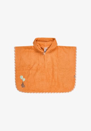 Orange hooded toddler towel with striped edges and embroidered dog holding two green balloons in the corner.