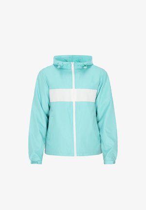 Vaaleansininen takki, jossa on valkoinen vaakasuora raita, valmistettu sileästä materiaalista, jossa on huppu, vetoketjusuljenta ja sivutaskut.