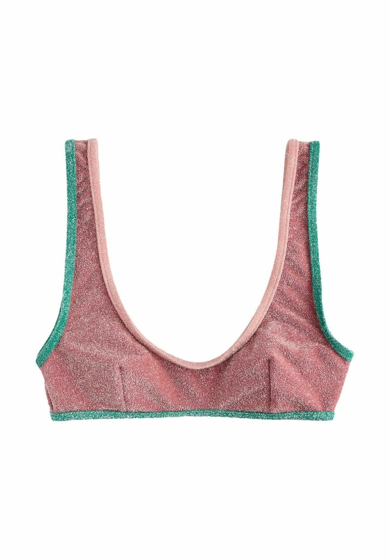 Glittrig rosa bralette med breda band, med gröna accenter längs kanterna. Mjuk textur, V-formad halsringning och utan vaddering.