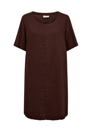 Dunkelbraunes knielanges Kleid mit kurzen Ärmeln, rundem Ausschnitt und einfachem, lockerem Schnitt.
