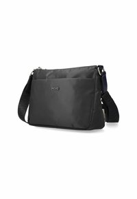 Borsa a tracolla nera in nylon con chiusura a zip, tracolla regolabile, tasca frontale con zip e dettaglio logo sul fronte. Texture liscia.