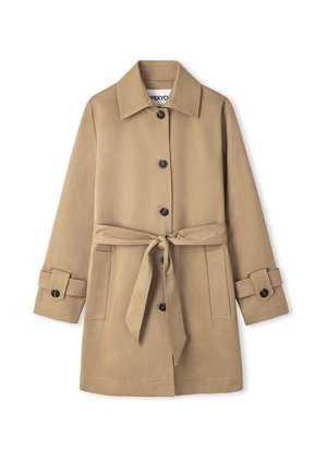 Beige trenčkot s páskem v pase, velkým límcem, předním zapínáním na knoflíky a kapsami s klopami. Hladká tkanina s přizpůsobeným střihem.