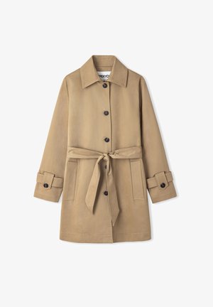 Beige Trenchcoat mit tailliertem Schnitt, großem Kragen, vorderem Knopfverschluss und Klappentaschen. Glatter Stoff mit taillierter Silhouette.