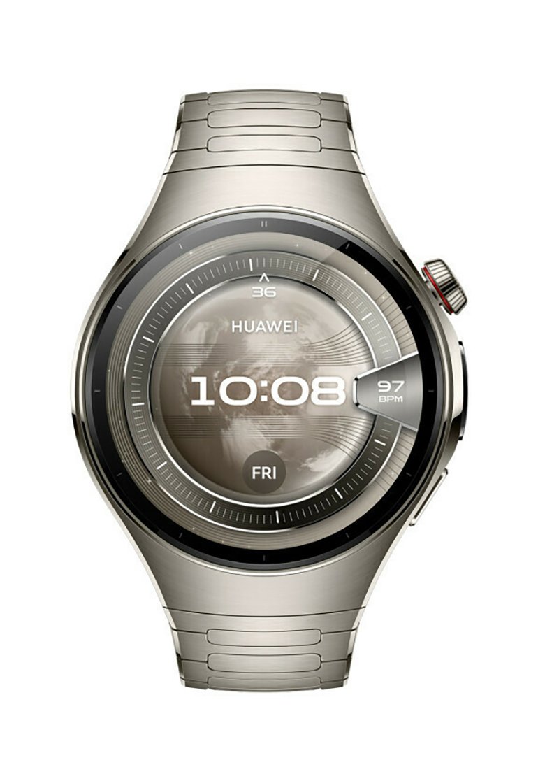 Silberne Smartwatch mit einem runden Zifferblatt, digitaler Anzeige für Zeit und Datum sowie einem gebürsteten Metallarmband im linkdesign. Rote Krone sichtbar.