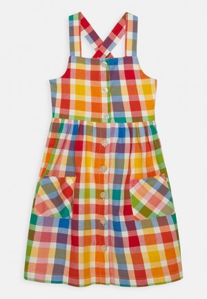 Ärmelloses Kinderkleid mit mehrfarbigem kariertem Muster, Knöpfen vorne, gekreuzten Rückenriemchen und zwei aufgesetzten Taschen vorne.