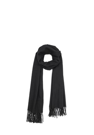 Sciarpa nera realizzata in materiale morbido, con un design semplice e estremità frangiate. Forma lunga e rettangolare per avvolgere o drappeggiare in modo versatile.
