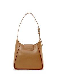 Tan leather shoulder bag with a curved shape, flat top, and a slim strap. Features a front flap with stitching details and minimal hardware.