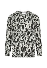 Langarm-Pullover in Schwarz und Creme mit floralem Muster. Der strukturierte Stoff sorgt für ein weiches Gefühl; Rundhalsausschnitt und lockere Passform.