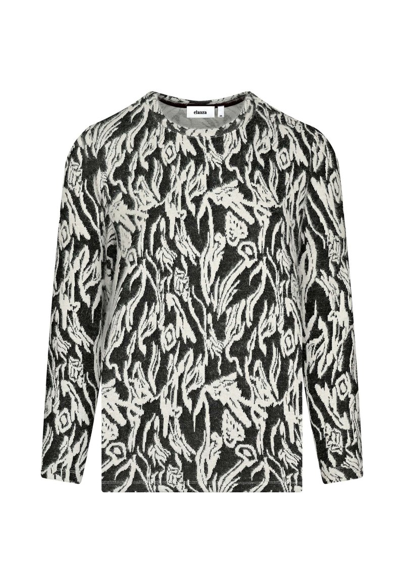 Langarm-Pullover in Schwarz und Creme mit floralem Muster. Der strukturierte Stoff sorgt für ein weiches Gefühl; Rundhalsausschnitt und lockere Passform.