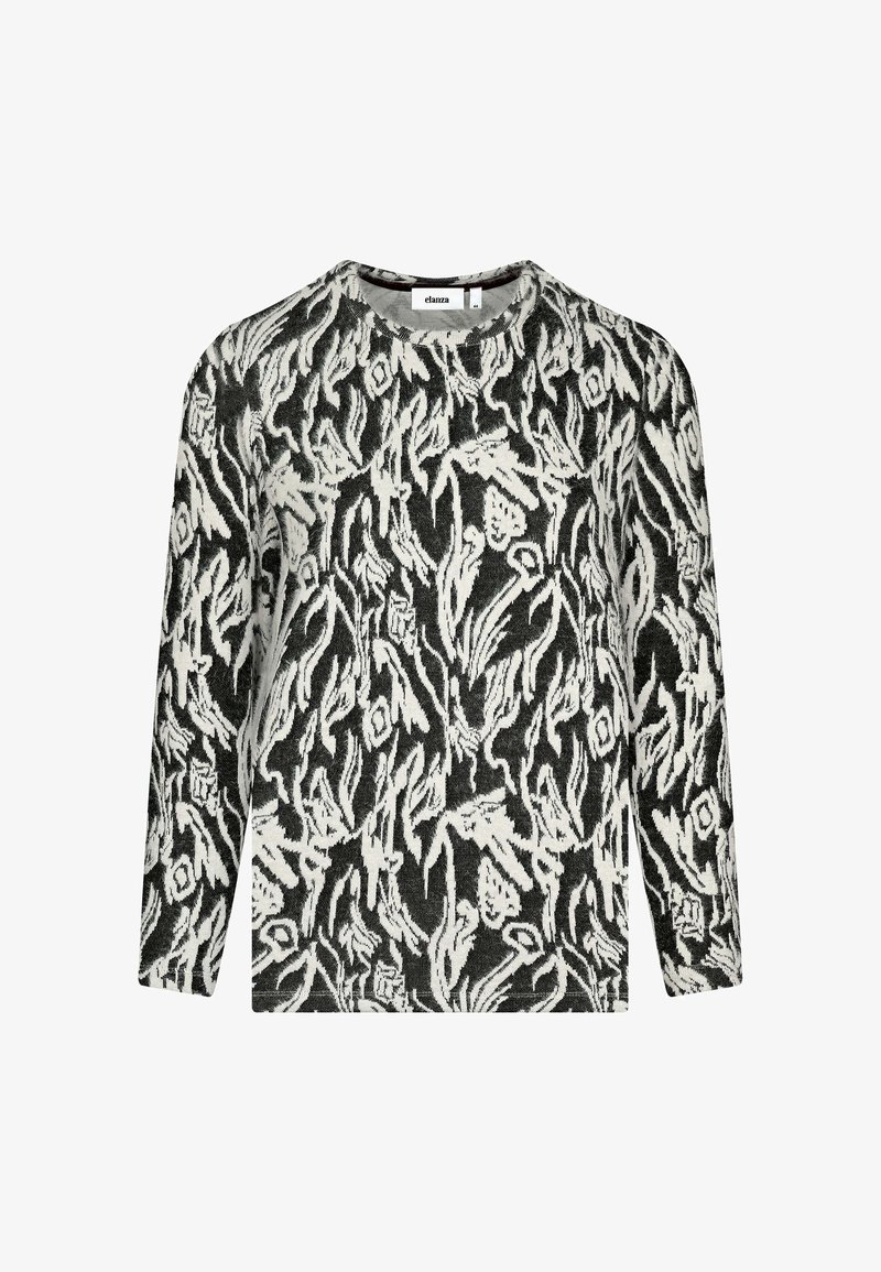 Langarm-Pullover in Schwarz und Creme mit floralem Muster. Der strukturierte Stoff sorgt für ein weiches Gefühl; Rundhalsausschnitt und lockere Passform.