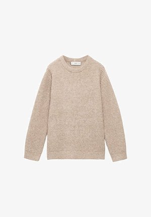 Beige gebreide trui met lange mouwen en een ronde halslijn, met een gestructureerd wafelpatroon en geribde manchet- en zoomafwerking.