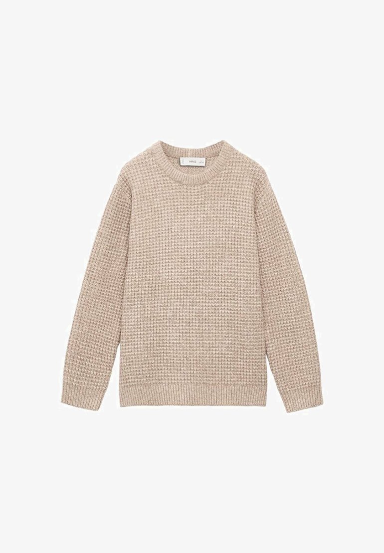 Bežani pleteni pulover s dugačkim rukavima i okruglim izrezom, s teksturiranim vaflastim uzorkom i rebrastim manžetama i rubom.