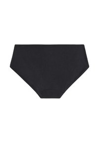 Svart högmidjad trosor gjord av mjukt, stretchigt tyg, med en sömlös design och en medelhög skärning för komfort och täckning.