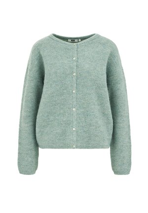Zachte gebreide lichtgroene cardigan met lange mouwen, ronde hals en een voorkant met een rij kleine witte knopen.
