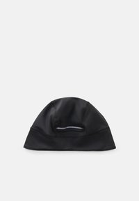 Black swim cap made of smooth fabric, featuring a snug fit, seamless design, and a small elastic opening at the front for convenience.