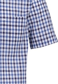 Camicia a maniche corte a quadri blu chiaro e blu navy, dotata di una tasca sul petto, realizzata in un misto cotone e con polsini abbottonati dal tessuto morbido.