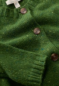 Cardigan en tricot vert fabriqué à partir de fil texturé. Présente des boutons marron et un col côtelé. De petites éclats bleus dans le motif du tissu sont visibles.