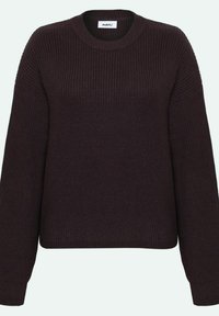 Dark brown knit sweater with a ribbed texture, round neckline, and long sleeves. The design features a relaxed fit and no visible patterns.
