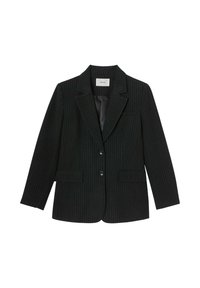 Blazer noir à rayures avec un col cranté, deux poches avant et une fermeture à un bouton. Tissu lisse avec une coupe ajustée.