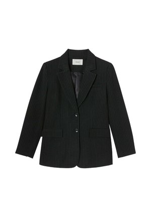 Blazer noir à rayures avec un col cranté, deux poches avant et une fermeture à un bouton. Tissu lisse avec une coupe ajustée.