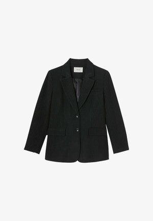 Blazer noir à rayures avec un col cranté, deux poches avant et une fermeture à un bouton. Tissu lisse avec une coupe ajustée.
