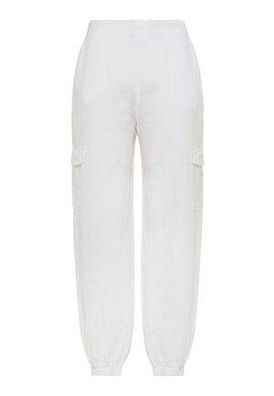 Pantaloni cargo albi din in, cu talie elastică, glezne conice și două buzunare laterale. Prezintă o țesătură texturată și un croi lejer.
