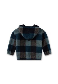 Hoodie aus Fleece im Blau-Grau-Karomuster. Verfügt über eine weiche, strukturierte Außenseite und ein kurzes Design mit langen Ärmeln.