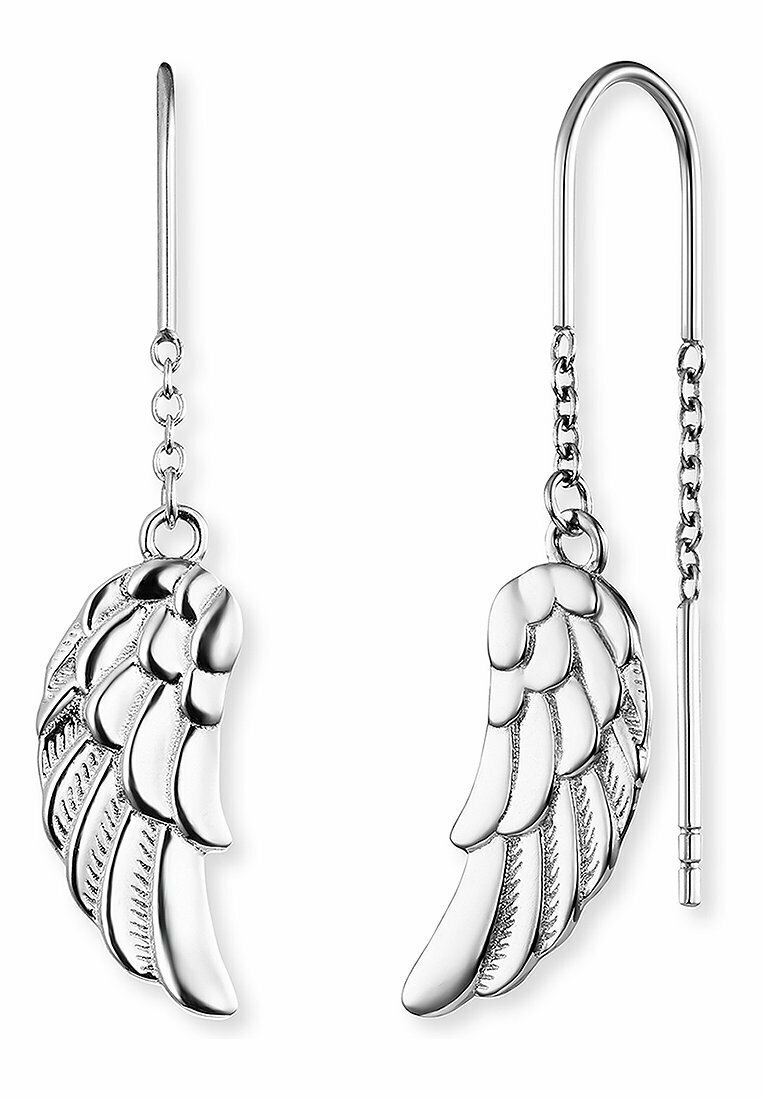 Silverfärgade örhängen formade som vingar, med detaljerade fjädertexturer och en krokdesign. Lätta och eleganta, med en polerad finish.