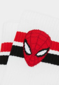 Vita stickade strumpor med ett röd- och svartrandigt mönster. En röd Spider-Man-logotyp är tydligt synlig på framsidan.