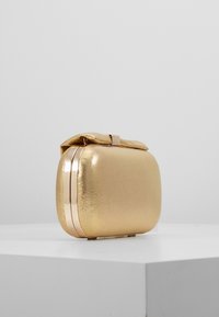 Obdélníková zlatá kovová kabelka s zaoblenými okraji a malou mašlí na vrchu, umístěná na bílé podložce.