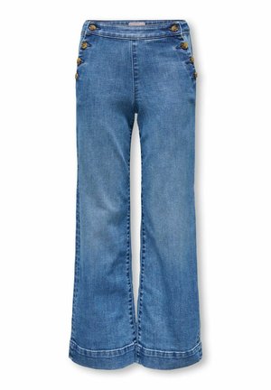Pantalons larges en denim bleu avec des boutons de chaque côté près de la taille, devant plat et sans poches visibles.
