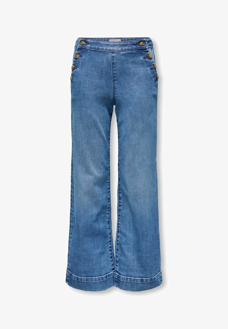 Pantaloni largi din denim albastru cu detalii cu nasturi pe ambele părți, aproape de talie, față plată și fără buzunare vizibile.