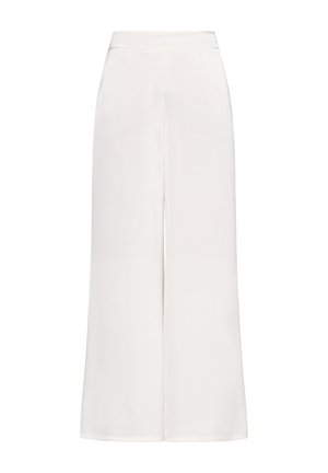 Høj-taljede, vidbenede hvide bukser med en glat linning uden synlige lommer eller pynt.