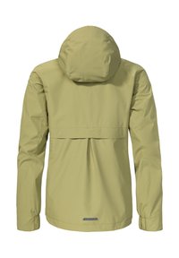 Wasserfeste, kaputzte Jacke in hellolivgrün. Verfügt über einen Rückenfalten, elastische Bündchen und einen reflektierenden Akzent am Saum. Glatte Textur.