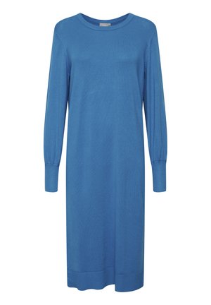 Vestido de punto azul con escote redondo y mangas largas con volantes. Presenta puños y dobladillo acanalados, con una textura suave y una silueta recta.