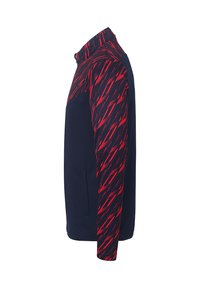 Herrejakke med høj krave; marineblå krop, røde mønstrede ærmer; har sidelommer; lavet af let og fleksibelt materiale.