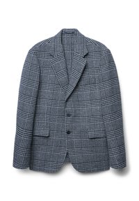 Blazer grigio a quadri con revers, due bottoni e tasche a toppa. Il tessuto testurizzato presenta un classico motivo a quadretti in bianco e nero.