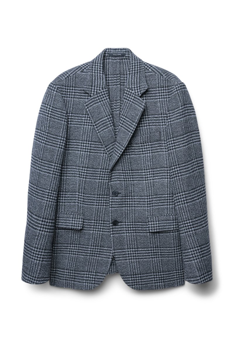 Blazer grigio a quadri con revers, due bottoni e tasche a toppa. Il tessuto testurizzato presenta un classico motivo a quadretti in bianco e nero.