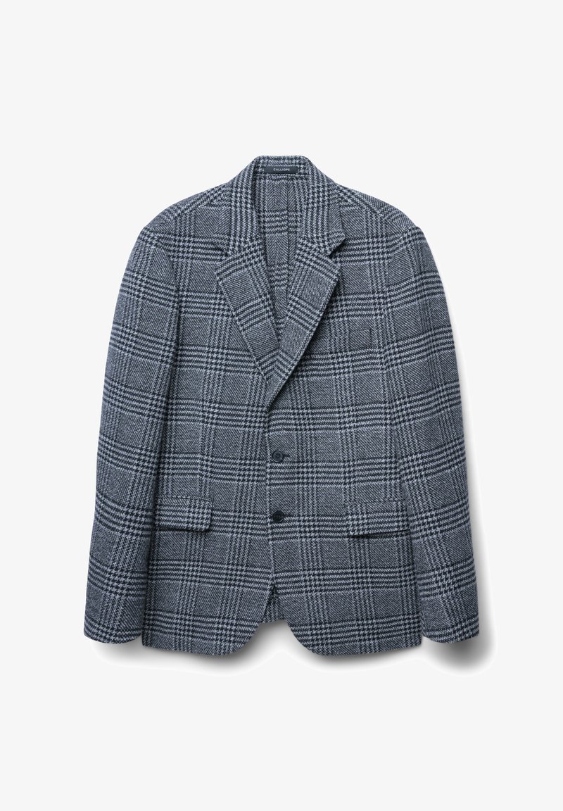 Blazer à carreaux gris avec un col cranté, deux boutons et des poches plaquées. Le tissu texturé présente un motif à carreaux classique en noir et blanc.