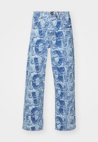 Pantalons en denim bleus présentant un motif en bleu plus foncé, avec une coupe droite, un style à cinq poches et une fermeture à bouton.